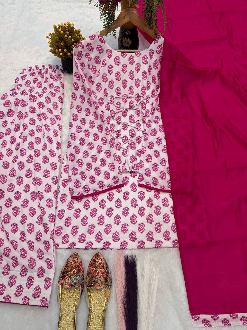 Charming Pink Floral Block Print Peplum Kurti and Wide-Leg Palazzo Suit Set Featuring an Elegant Tie-Up Back and Solid Vibrant Dupatta